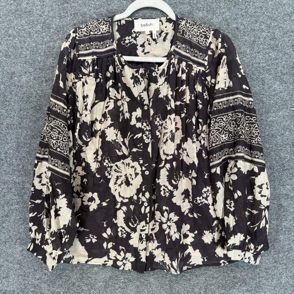 ba&sh Blouse Womens Small Black Floral Long Sleeve Button Front Boho Top Shirt